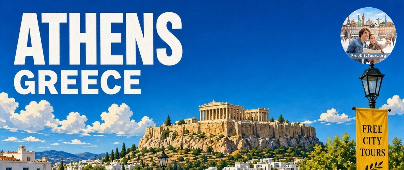 Athens walking tour banner: the Acropolis above Athens, Greece