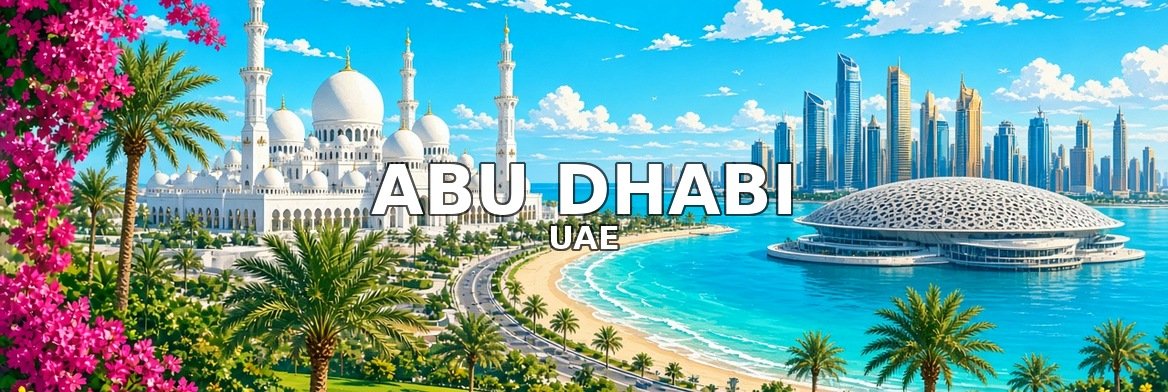 Abu Dhabi walking tour banner: Sheikh Zayed Grand Mosque, the skyline and the Louvre dome