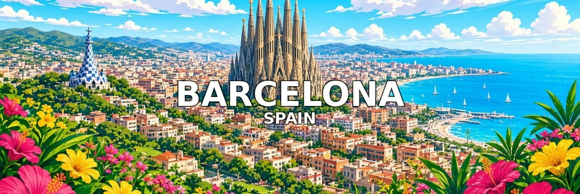 Barcelona walking tour banner: the Sagrada Família above the city and the sea
