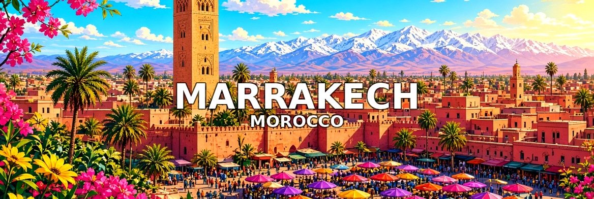 Marrakech walking tour banner: the Koutoubia minaret and the medina below the Atlas Mountains