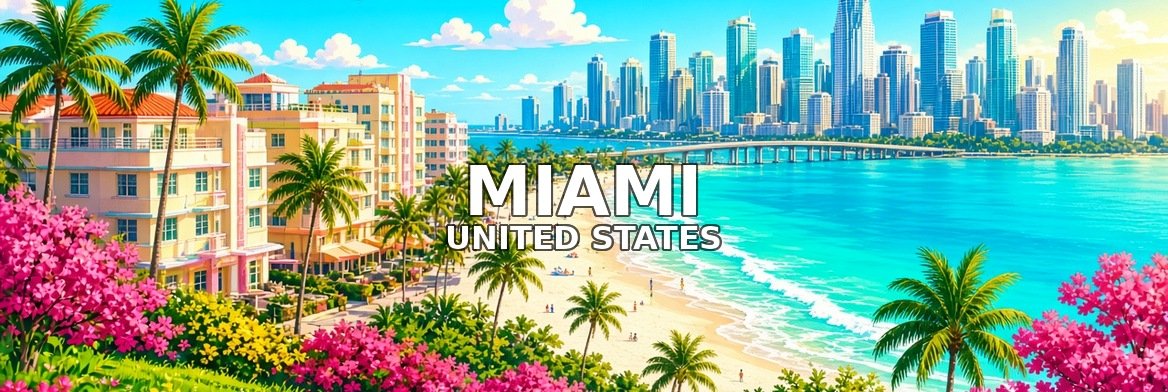 Miami walking tour banner: Art Deco hotels, palm trees, the beach and the Miami skyline