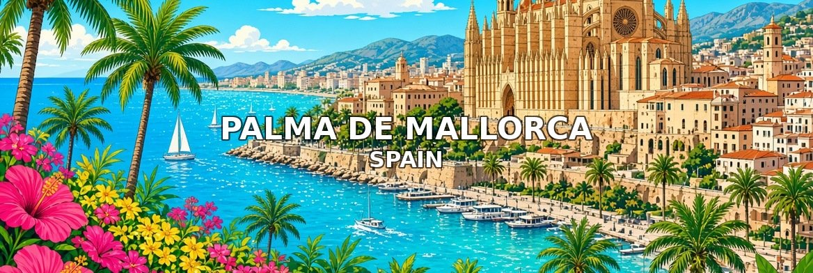 Palma de Mallorca walking tour banner: Palma Cathedral above the bay