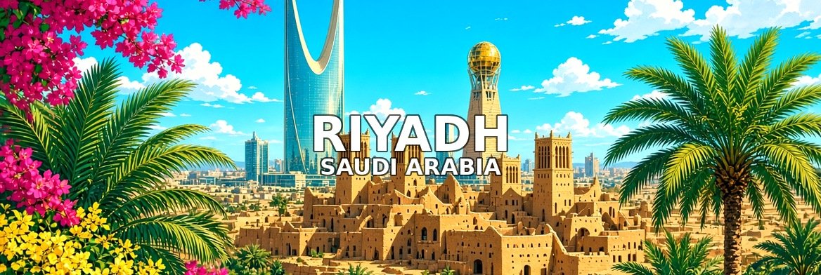 Riyadh walking tour banner: the Kingdom Centre, Al Faisaliah Tower and mud-brick Diriyah