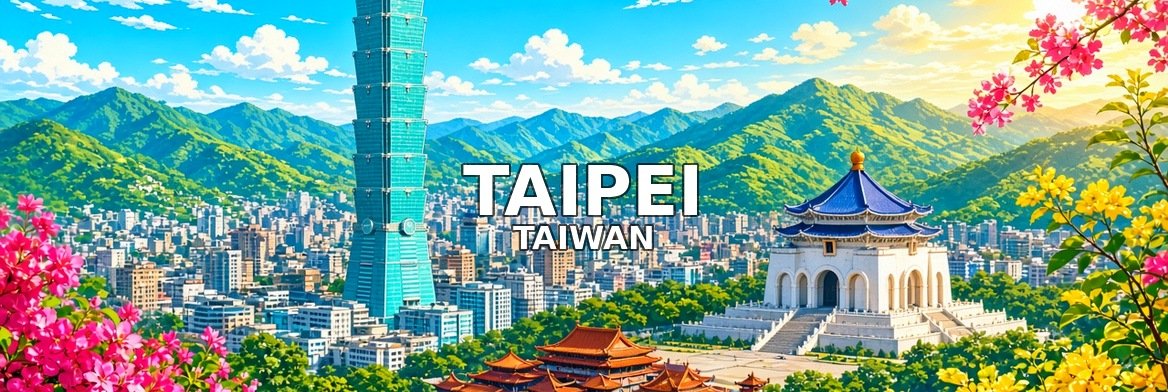 Taipei walking tour banner: Taipei 101 and the Chiang Kai-shek Memorial Hall below green hills