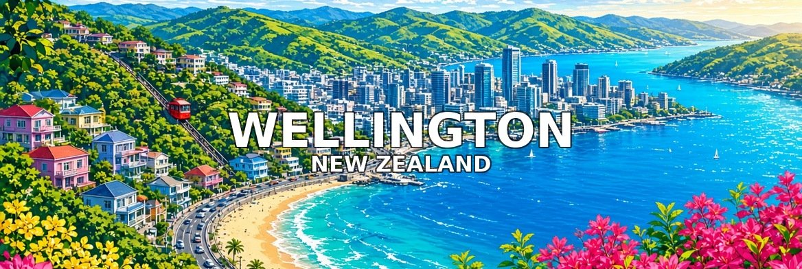 Wellington walking tour banner: the harbour, beach and hillside city of Wellington, New Zealand