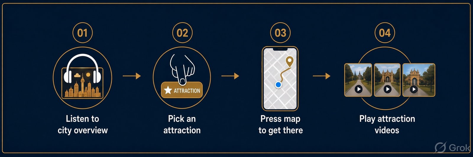 Listen to the city overview, pick an attraction, press map to get there, play the attraction videos